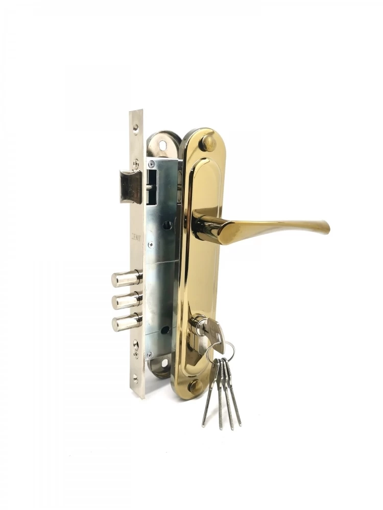 Фото Замок врезной цилиндровый с защёлкой в комплекте с ручкой ЗВ4-85.3 (золото лак), 5 кл.